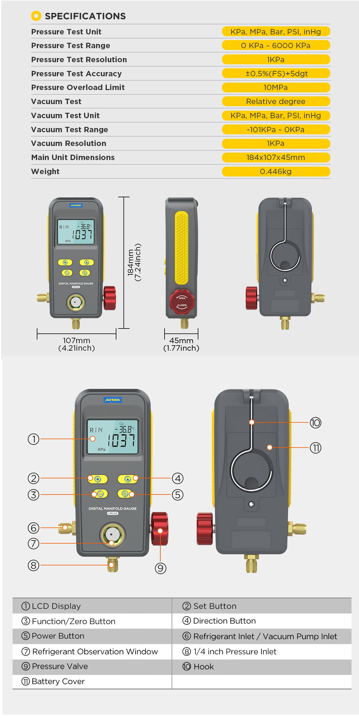AUTOOL LM110 PLUS Coletor De Refrigeração Digital Medidor HVAC Pressão ...