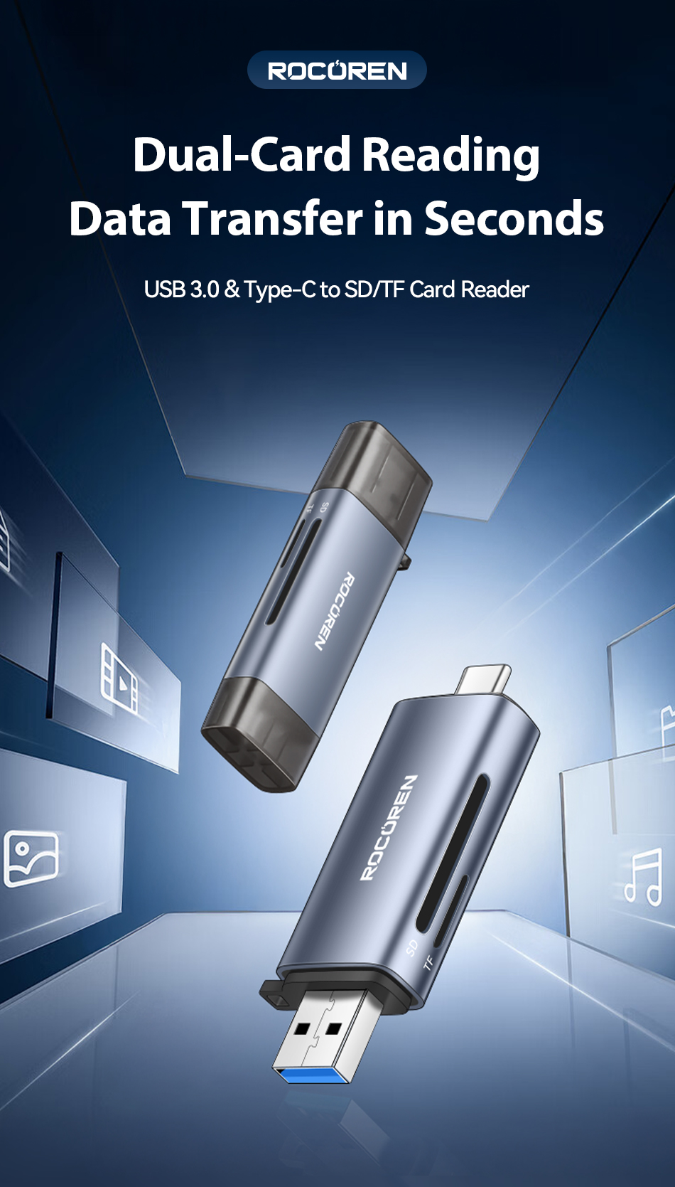 Rocoren Leitor De Cartão Rápido 2 Em 1 SD TF OTG Tipo-C E USB 3.0 ...