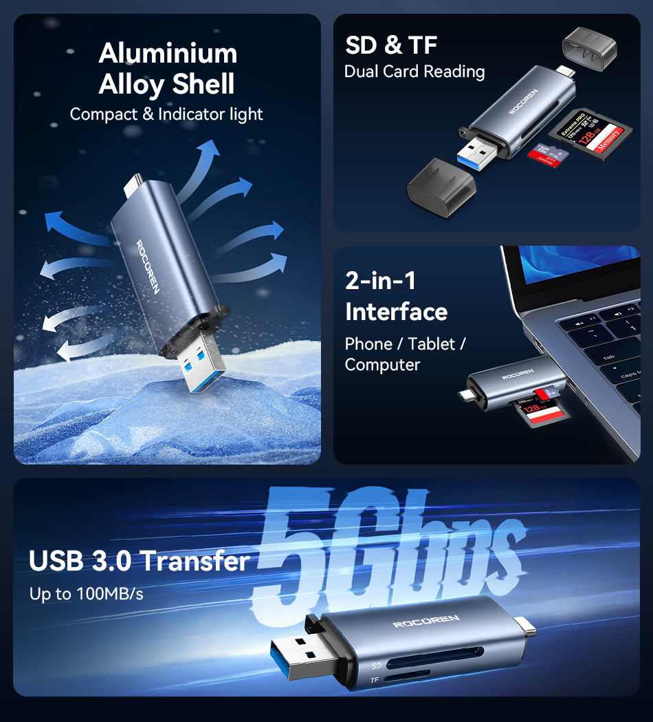 Rocoren Leitor De Cartão Rápido 2 Em 1 SD TF OTG Tipo-C E USB 3.0 ...