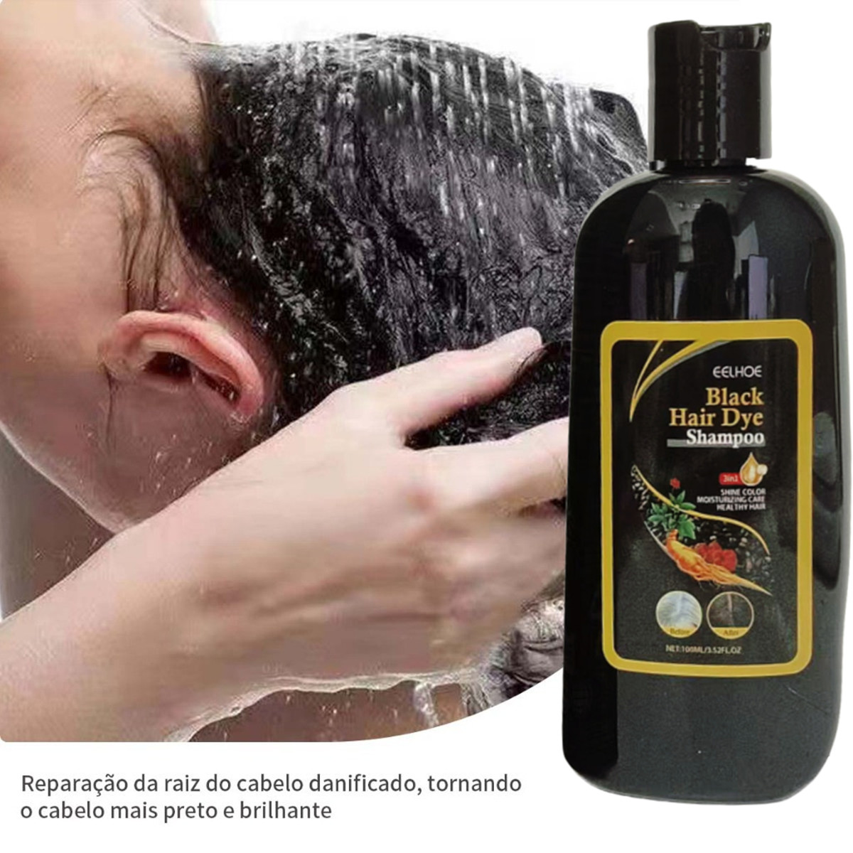 Shampoo de Tintura de Cabelo Preto 3 em 1 Nutritivo Profundo para ...