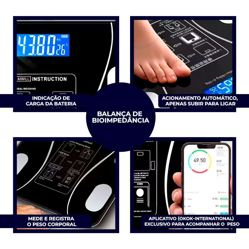 Balança Bioimpedância Corporal Digital APP Bluetooth Suporta até 180 kg ...