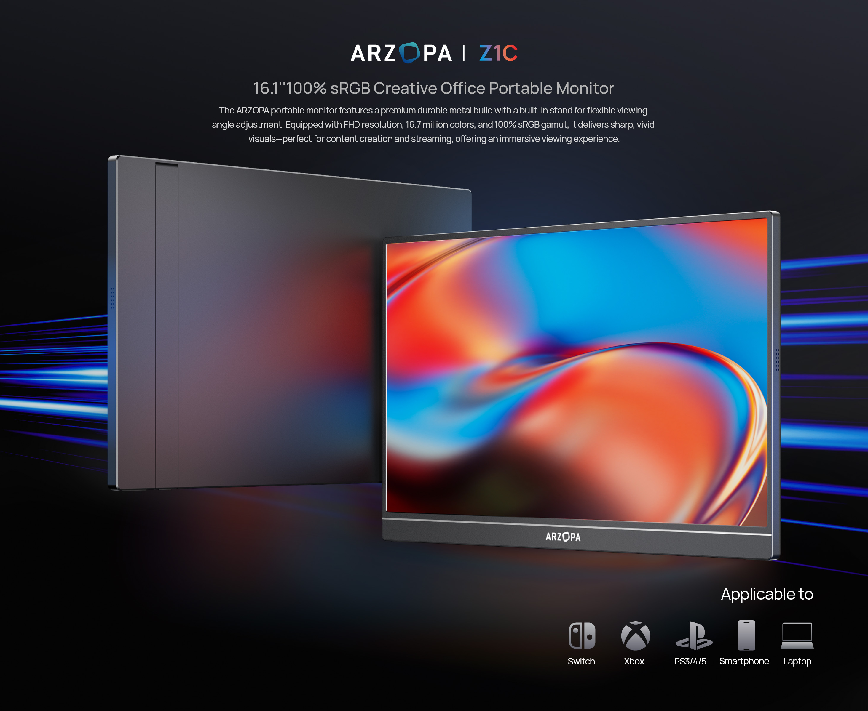 Arzopa Z1C-Monitor Portátil Com Suporte 100 % sRGB De 16.1 