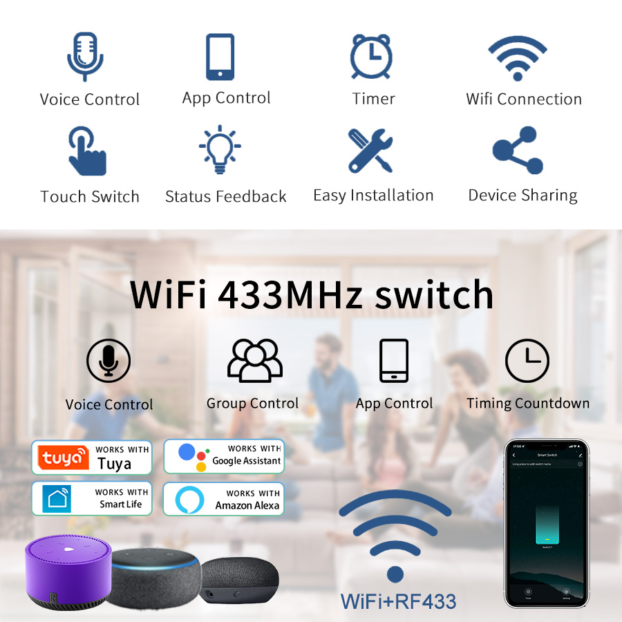 Tuya Interruptor Inteligente de Parede WiFi dos EUA RF433 1/2/3/4 ...