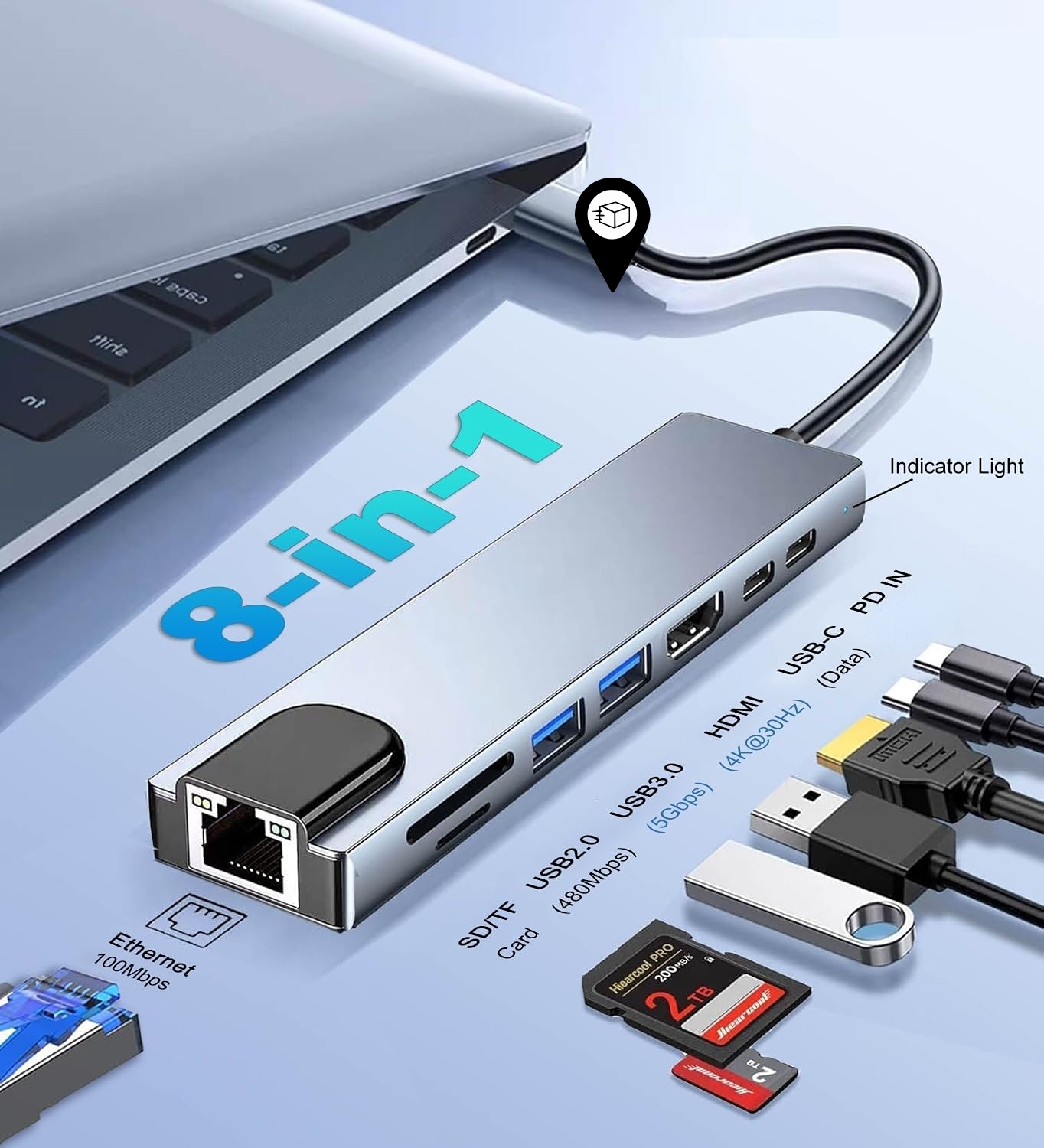 Hub USB 3.1 Tipo C 8 em 1 com HDMI 4K, Ethernet Gigabit, Compartimentos ...