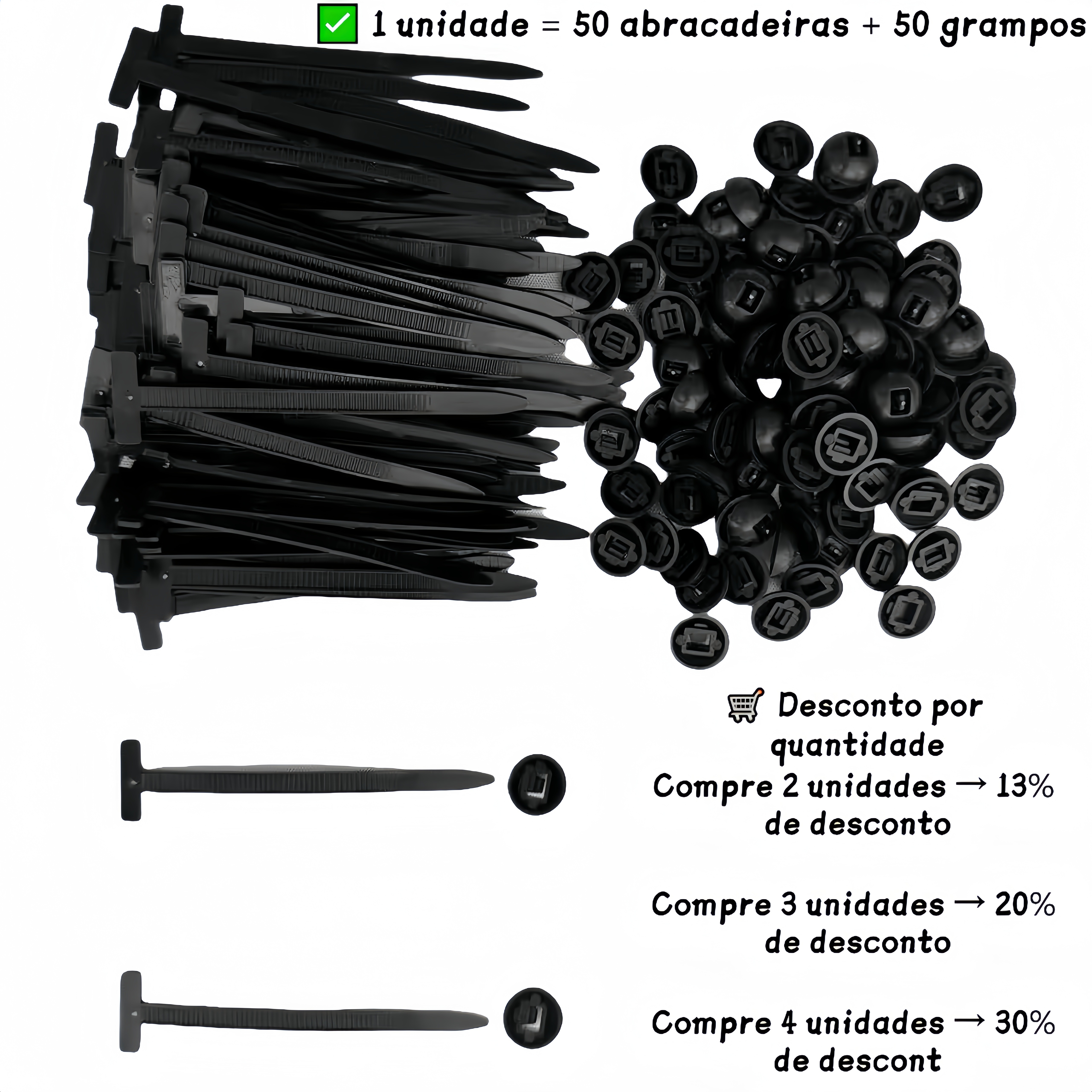 REECY Kit50- 200 Abraçadeiras de Nylon Reforçadas | Travamento ...