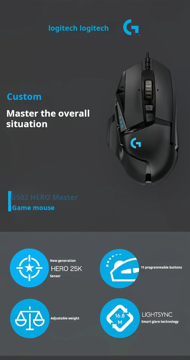 Logitech G502 HERO Mouse Gaming com Fio, Design Mecânico RGB, Ajuste de ...