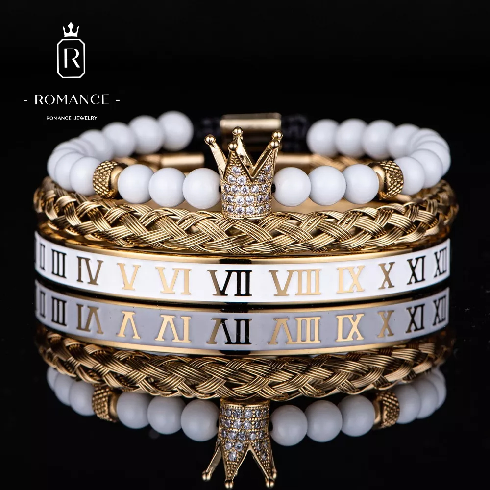Conjunto de luxo Coroa Charme Cor Dourada Pulseira de Caveira Aço Inoxidável Masculino Branco Esmaltado Número Romano Bangles Europa Moda Jóias【102】