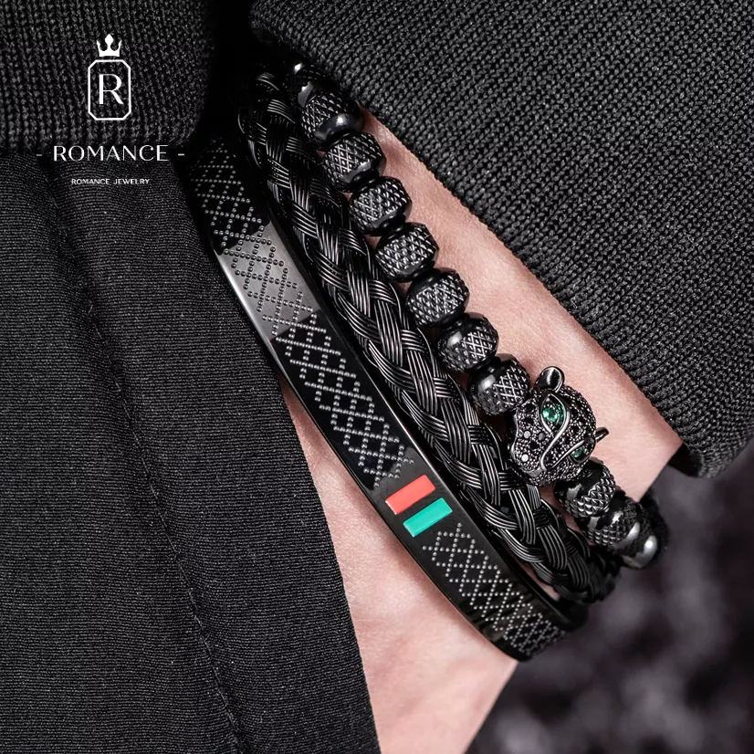 【284】Pulseiras de aço de titânio de luxo 3 pçs/conjunto personalidade masculina moda pulseiras presentes masculinos de aço inoxidável cabeça de leopardo jóias saída de fábrica