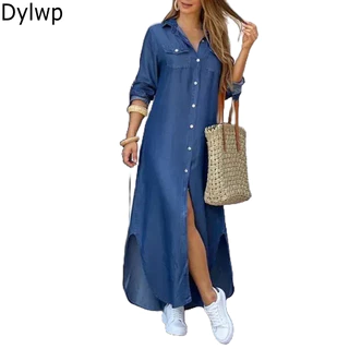 Vestido Longo Feminino De Manga Comprida plus size Estampada Folgado