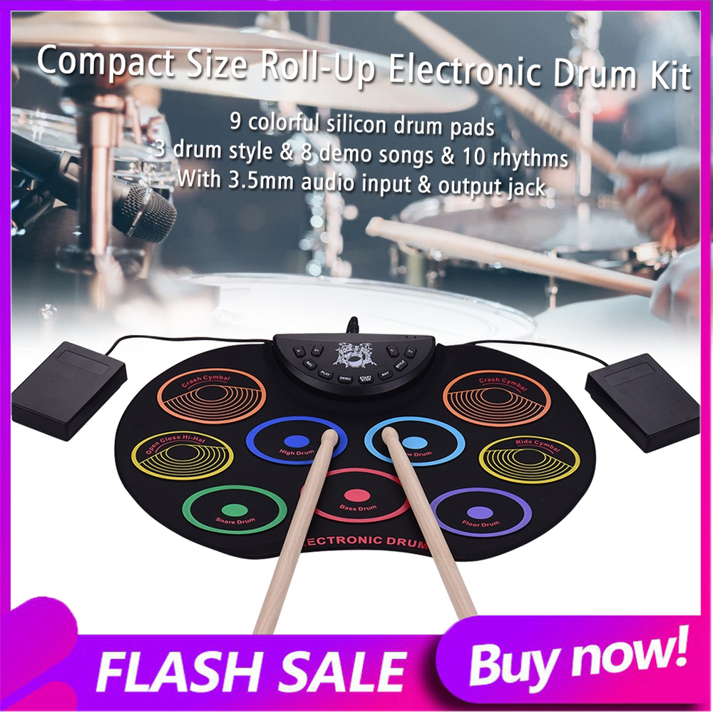 Conjunto Portátil De Tambores Eletrônicos Com 9 Pastilhas De Silicone Por USB/Bateria