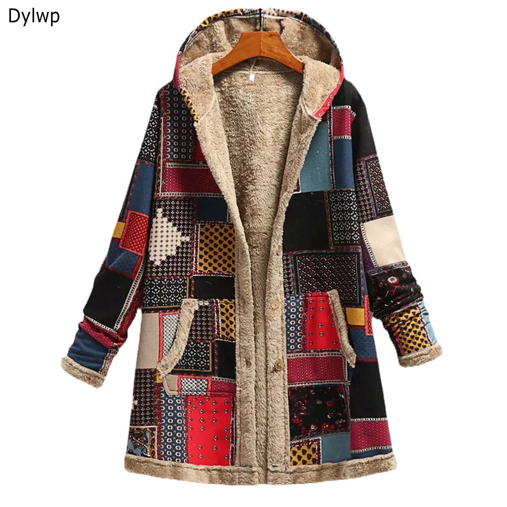 Casaco Feminino De Manga Comprida Bolso Quente Outono Inverno Vintage Estampa Grossa Lã Com Capuz Solto