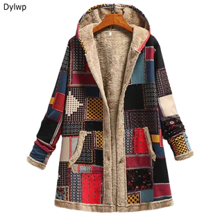 Casaco Feminino De Manga Comprida Bolso Quente Outono Inverno Vintage Estampa Grossa Lã Com Capuz Solto