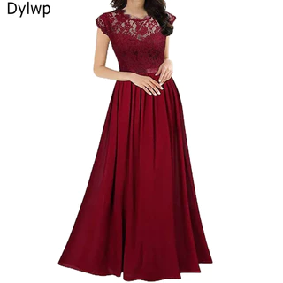Feminina Verão Chiffon Lace Vestido De Festa De Moda Elegante Sexy Sólidos Longo
