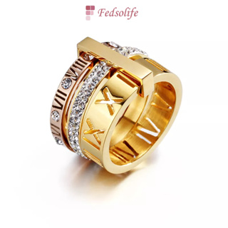 Fedsolife Aliança Anel triplo Feminino Único Multi-Cartas Romanas Trendy Fashion Jewelry Anel ring aço inoxidável