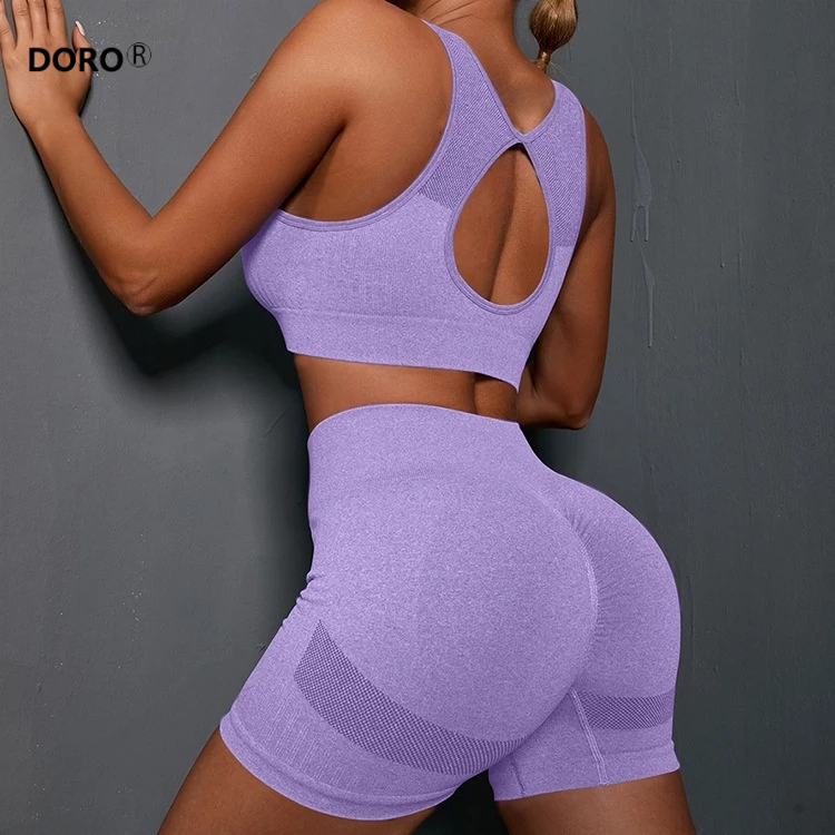 Conjunto Academia Feminino Levanta Bumbum Short e Top Com Bojo Moda Fitness Sem Costura Roupas Femininas Conjuntos