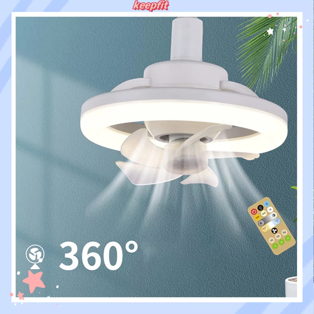 Ventilador de teto regulável com luz, lustre de LED E27 com rotação de 360°  com controle remoto, 3 velocidades de vento, para cozinha, sala de estar  (48W)