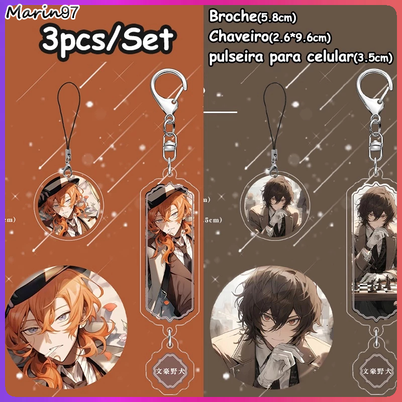 Set 4 Portachiavi Anime Bungo Stray Dogs - Personaggi Dazai, Atsushi, Chuuya In Acrilico Doppia Faccia