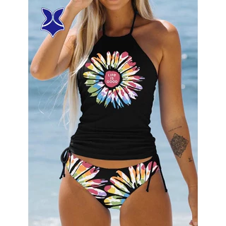 2023 Novo estilo biquíni de duas peças / biquíni europeu-americano feminino Conservador Impressão Split Multicolor Colorido Fato de banho Multicolor