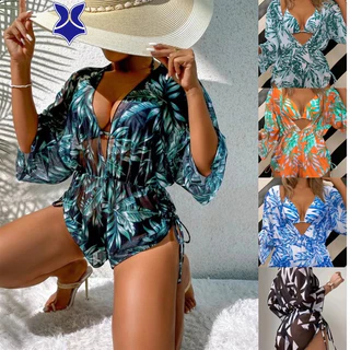 Novo estilo três peças conjunto de biquíni folhas impressão fechar cintura lace-up moda manga comprida praia protetor