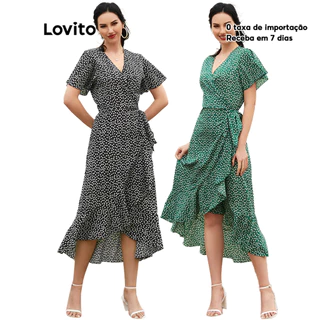 Lovito Boho Vestido de Bolinha Com Fenda e Decote V Profundo com Renda L12014
