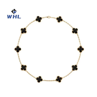 WHL amarelo dourado preto ágata com dez flores colar de concha 18K dupla face trevo de quatro folhas corrente de clavícula marca de luxo sânscrito não desbota