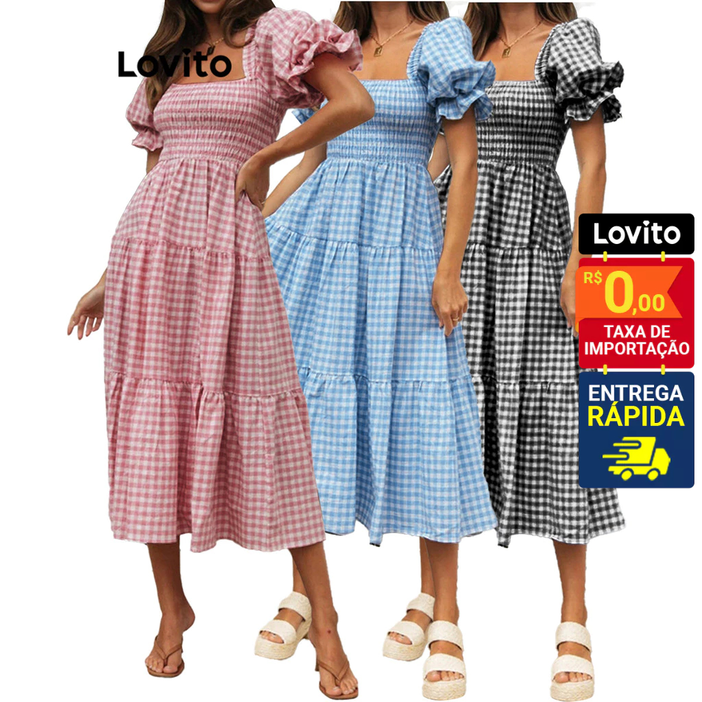 Lovito Vestido casual xadrez com botões para mulheres L102AD287 em