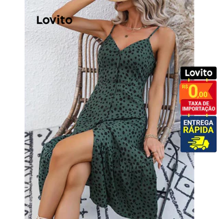 Lovito Vestido Casual Feminino Com Babados Frontais Com Botão De Bolinhas LBE04079