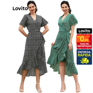 Lovito Boho Vestido de Bolinha Com Fenda e Decote V Profundo com Renda L12014