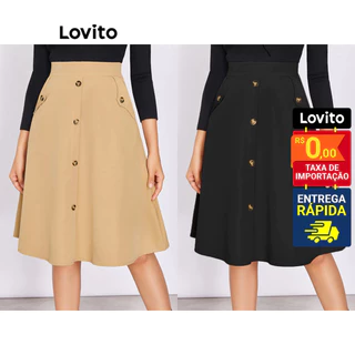 Lovito Saias A-Line de Botão com Bolsos Frontais de Tecido Liso para Mulheres LBE02042