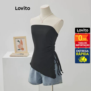 Lovito Casual Blusa Feminina Lisa Assimétrica com Cordão L68ED053