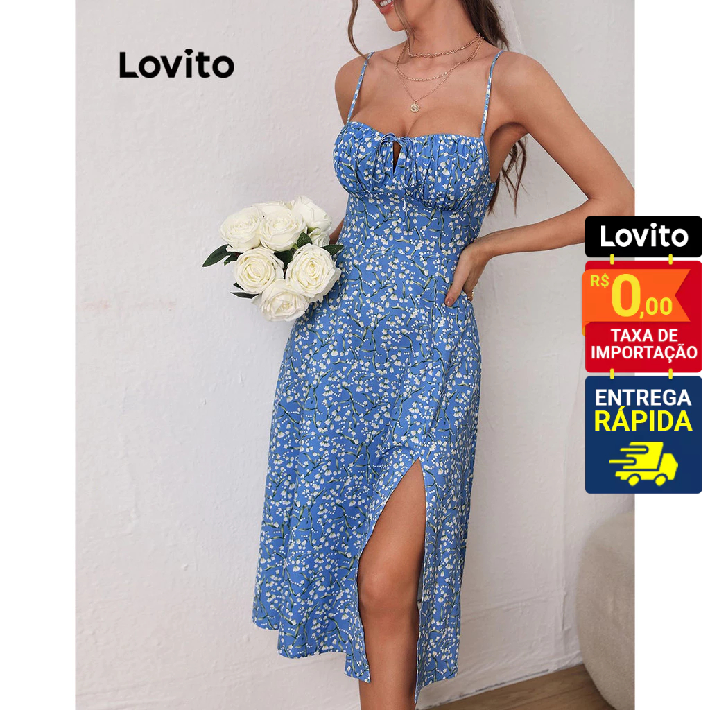Lovito Vestido Boho Ditsy Floral Dividido Frontal Com Renda Para Mulheres LNE31004