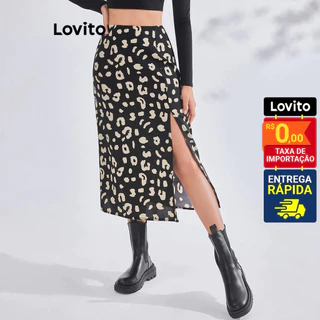 Lovito Saia Casual com Estampa de Poá e Fenda para Mulheres LBE03067