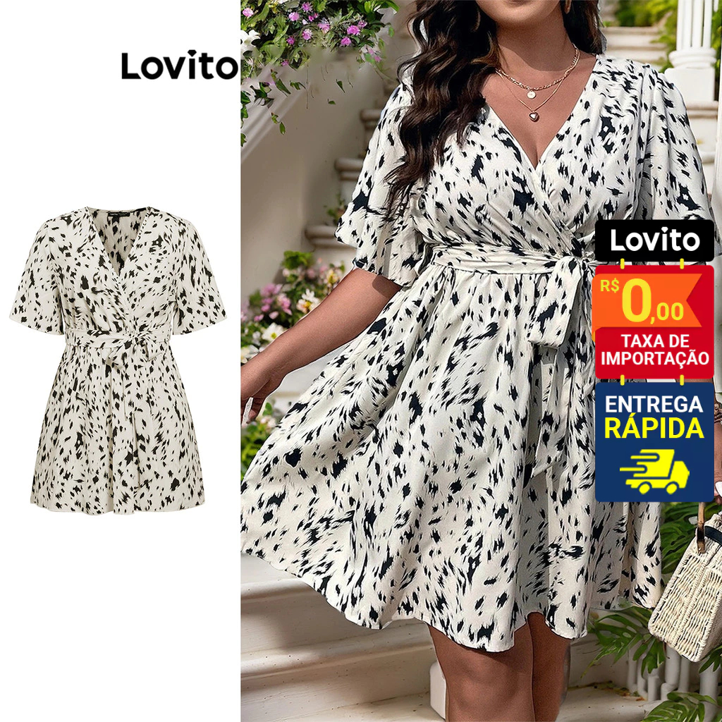 Lovito Vestido Feminino Curto Estampado Amarração Cintura Plus Size LBL09008