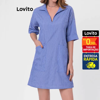 Lovito Elegante Vestido Solto Listrado de Manga Curta com Decote em V para Mulheres B17BRL046