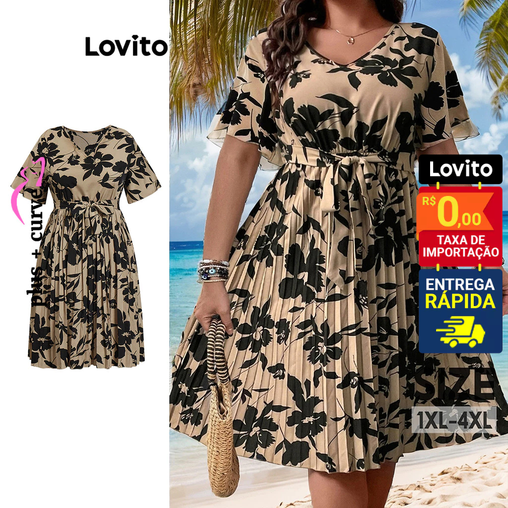 Lovito Vestido Feminino Curto com Amarração na Cintura Plus Size LBL08207