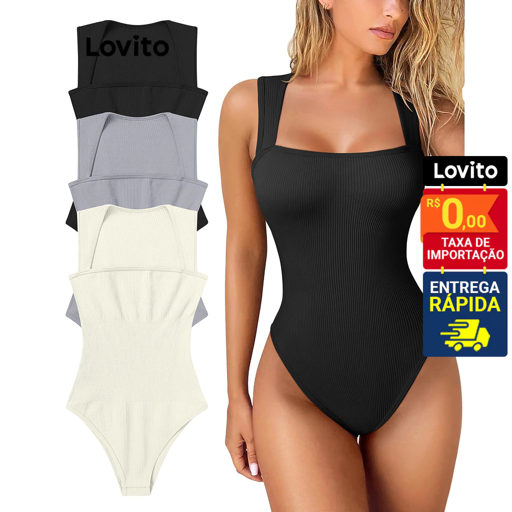 Lovito Body Básico Decote Quadrado Alças Largas Feminino LNL45001