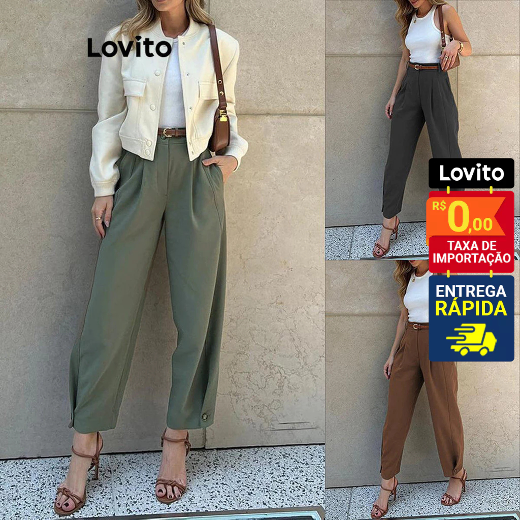 Lovito Calça Feminina Detalhe Botão Barra LNL40163