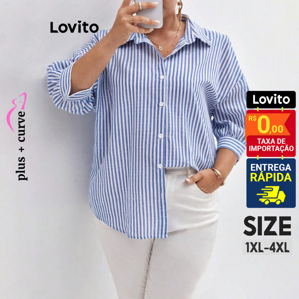 Lovito Camisa Feminina Listrada Manga Longa Plus Size com Fechamento de Botões Frontais LBL12374