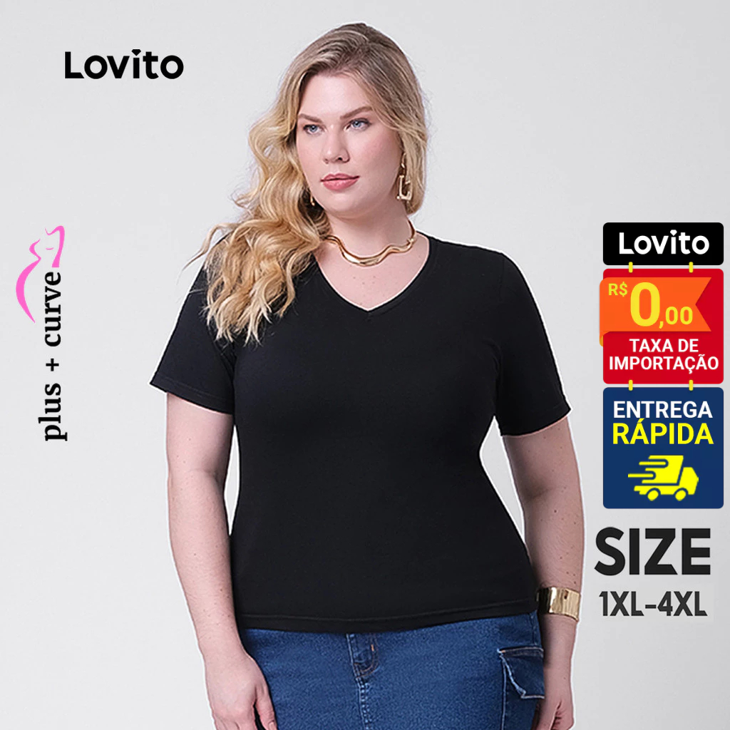Lovito Camiseta Feminina Manga Curta Plus Size Curve Lisa Básica com Decote V LB74BRL103