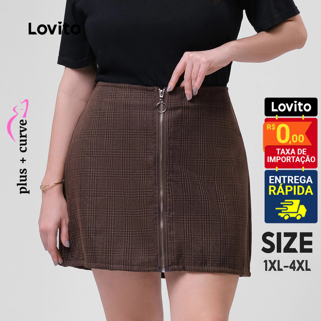 Lovito Saia Feminina Curta Estampa Xadrez Zíper Plus Size LB181BRL210