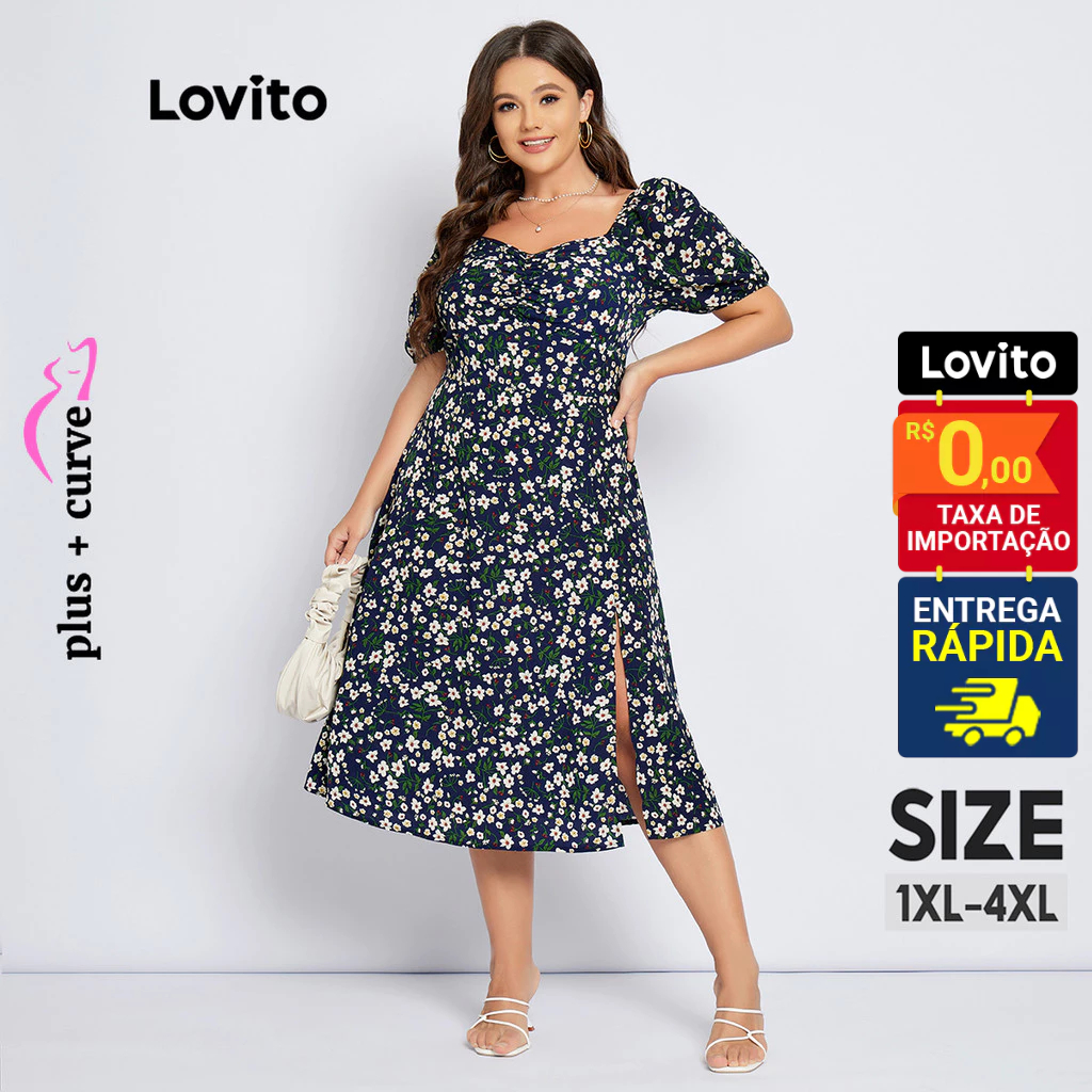 Lovito Vestido Feminino Midi Estampa Floral com Fenda Plus Size LPS04027