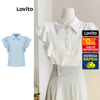 Lovito Blusa Feminina Manga Curta Com Botões Frontais E Babado Gola Padre Elegante L74ED116