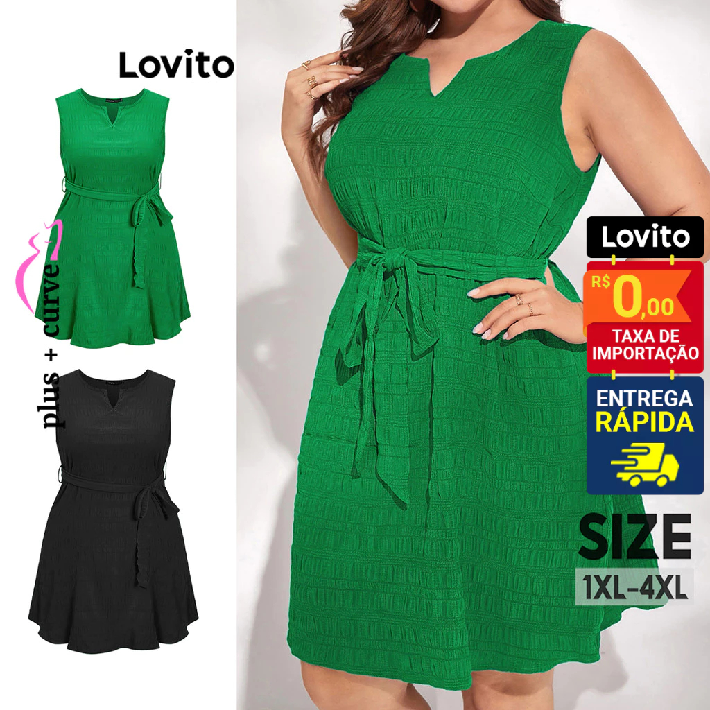 Lovito Vestido Feminino Com Amarração Na Cintura Plus Size LBE05147