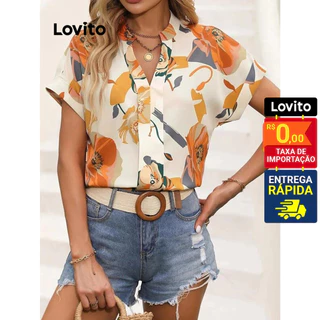 Lovito Blusa Manga Curta Decote V com Vista sem Botões Estampa Floral Feminina LNL42015