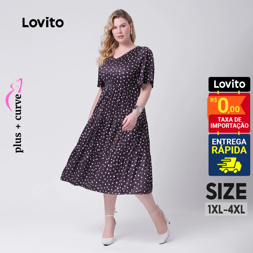 Lovito Vestido Feminino Plus Size Midi Manga Curta Estampa Bolinhas Poá LB421BRL450