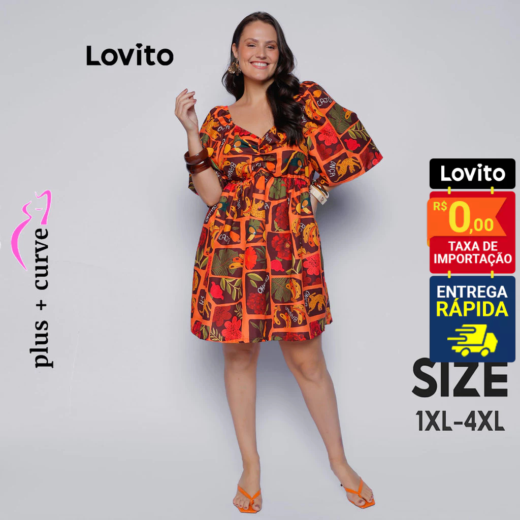 Lovito Bossa l Vestido Feminino Curto Manga 3/4 Plus Size Boho Tropical LB492BRL522