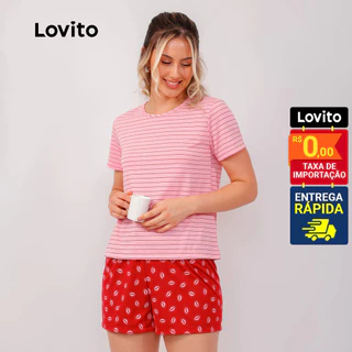 Lovito Pijama T-shirt e Shorts Curto Casual Listrado Feminino LB1252BRL1282 em Oferta na Shopee