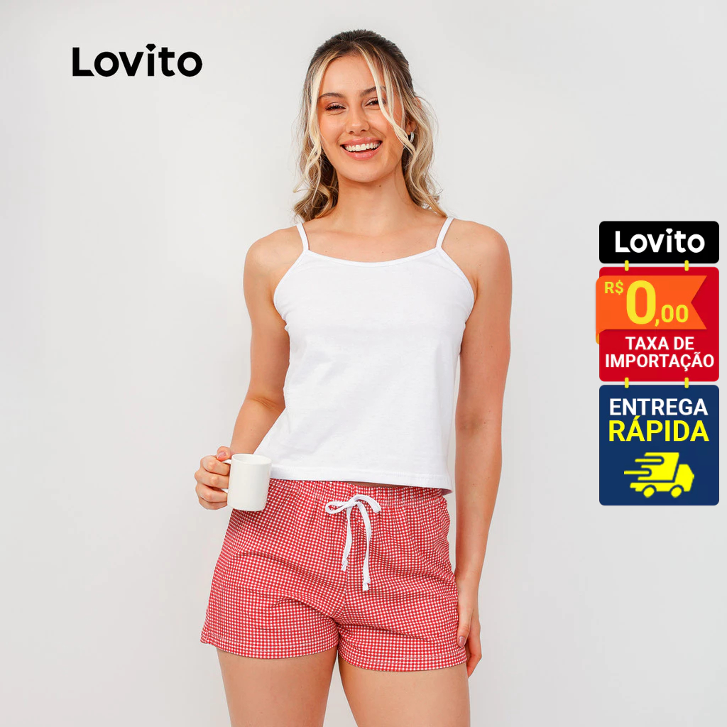 Lovito Conjunto de Pijama Top Regata e Shorts Curto com Estampa Xadrez LB1203BRL1233