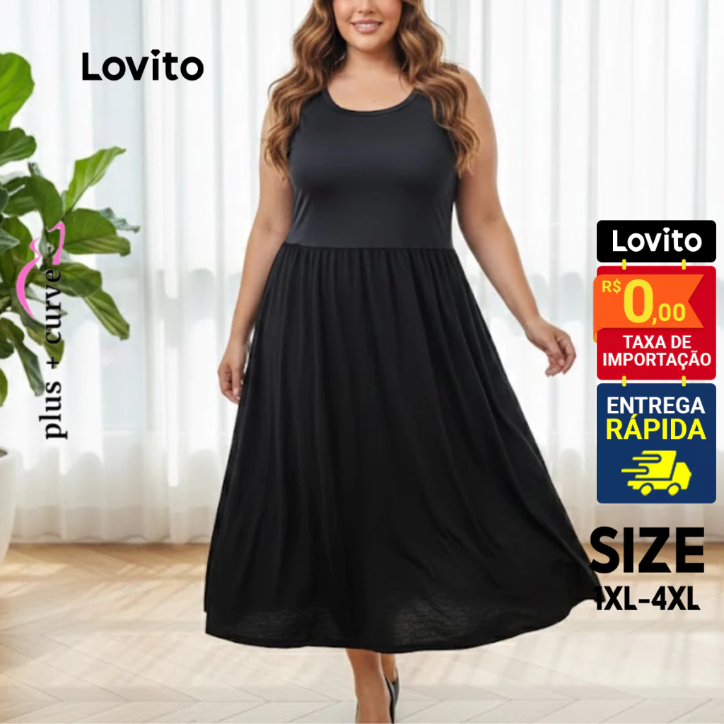 Lovito Plus Size Vestido Midi Basico Feminino LB271BRL300
