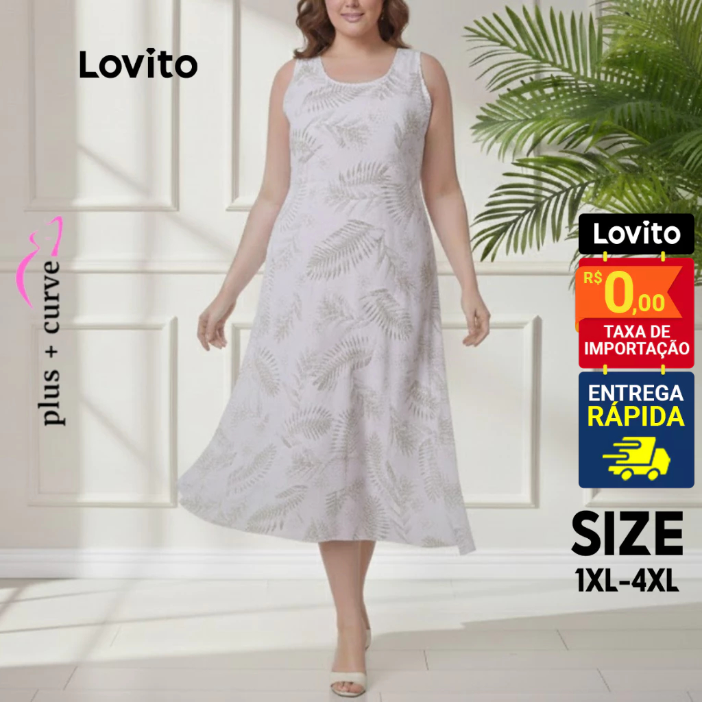 Lovito Vestido Plus Size Feminino Midi Estampado LBRL018